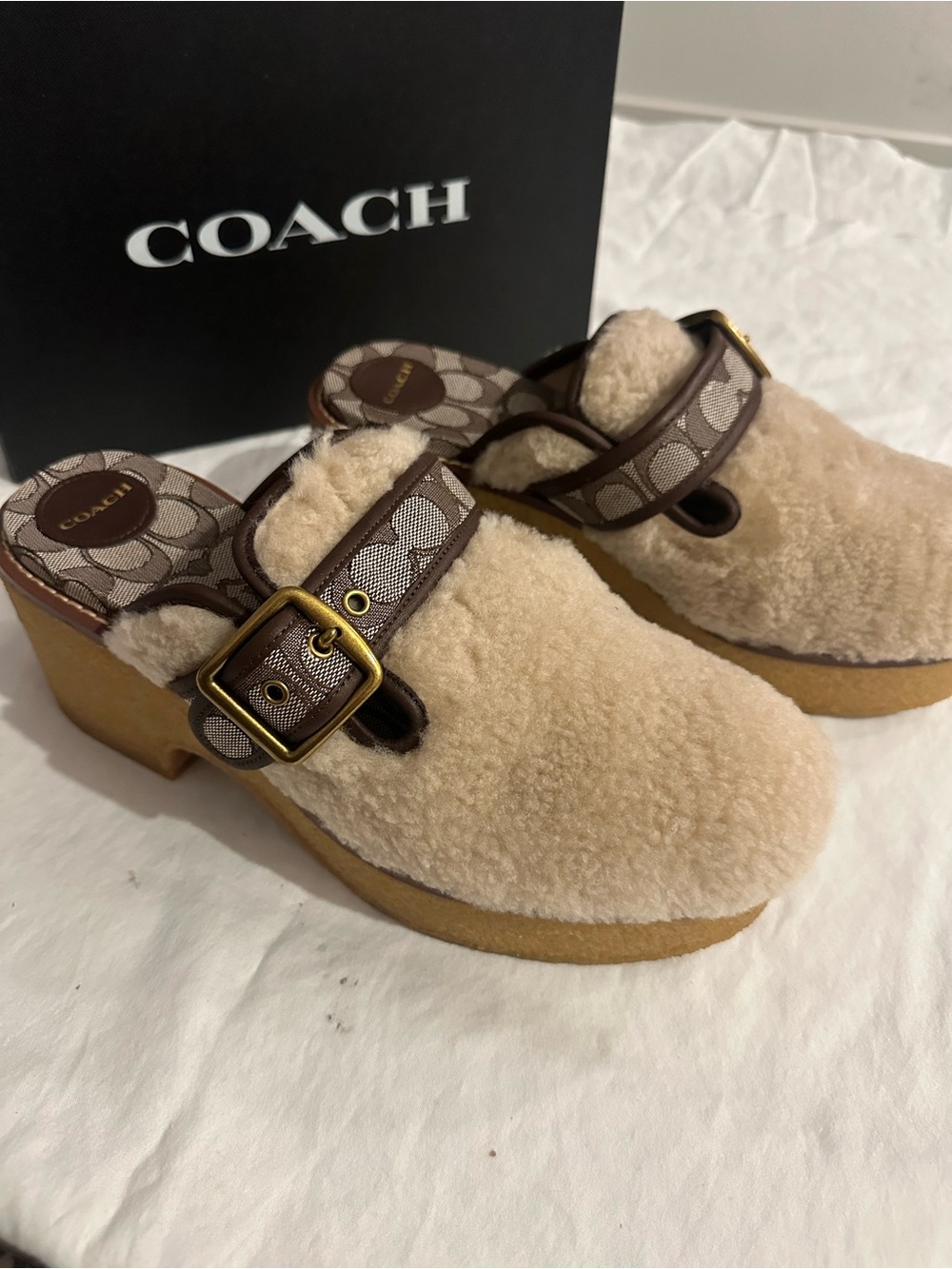 Coach Beige Shearling Clog Mules with Signature Brown Strap